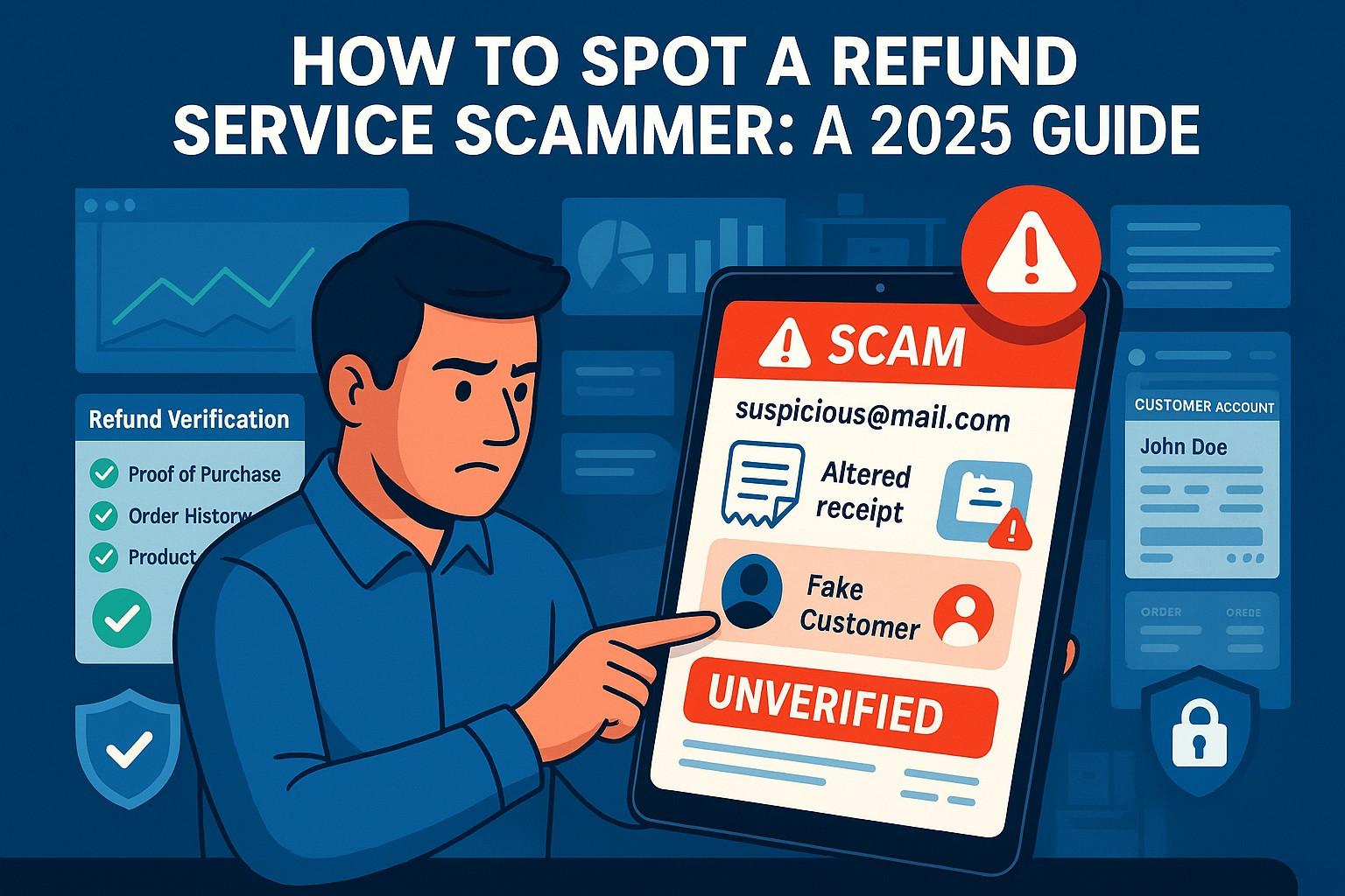 Image showing a fraudulent refund service with warning signs for merchants.