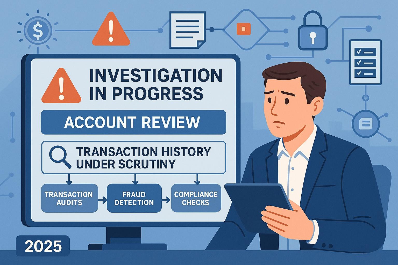 Business owner reviewing documents during a bank investigation in 2025