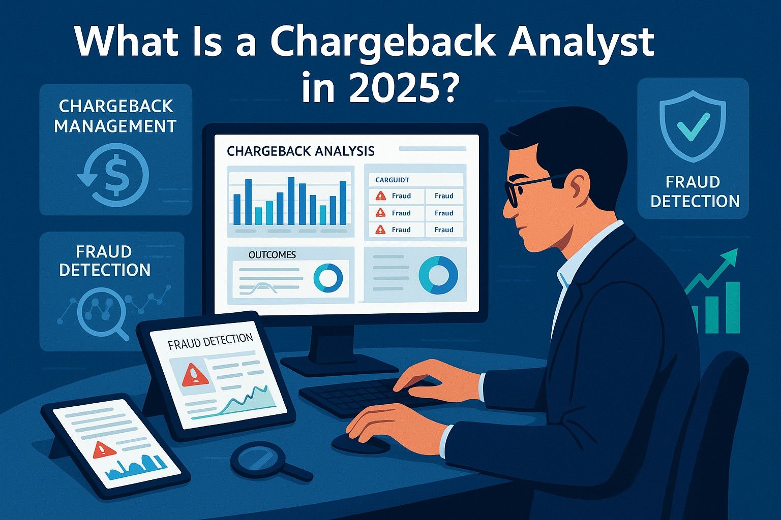 Chargeback analyst reviewing fraud data on a laptop.