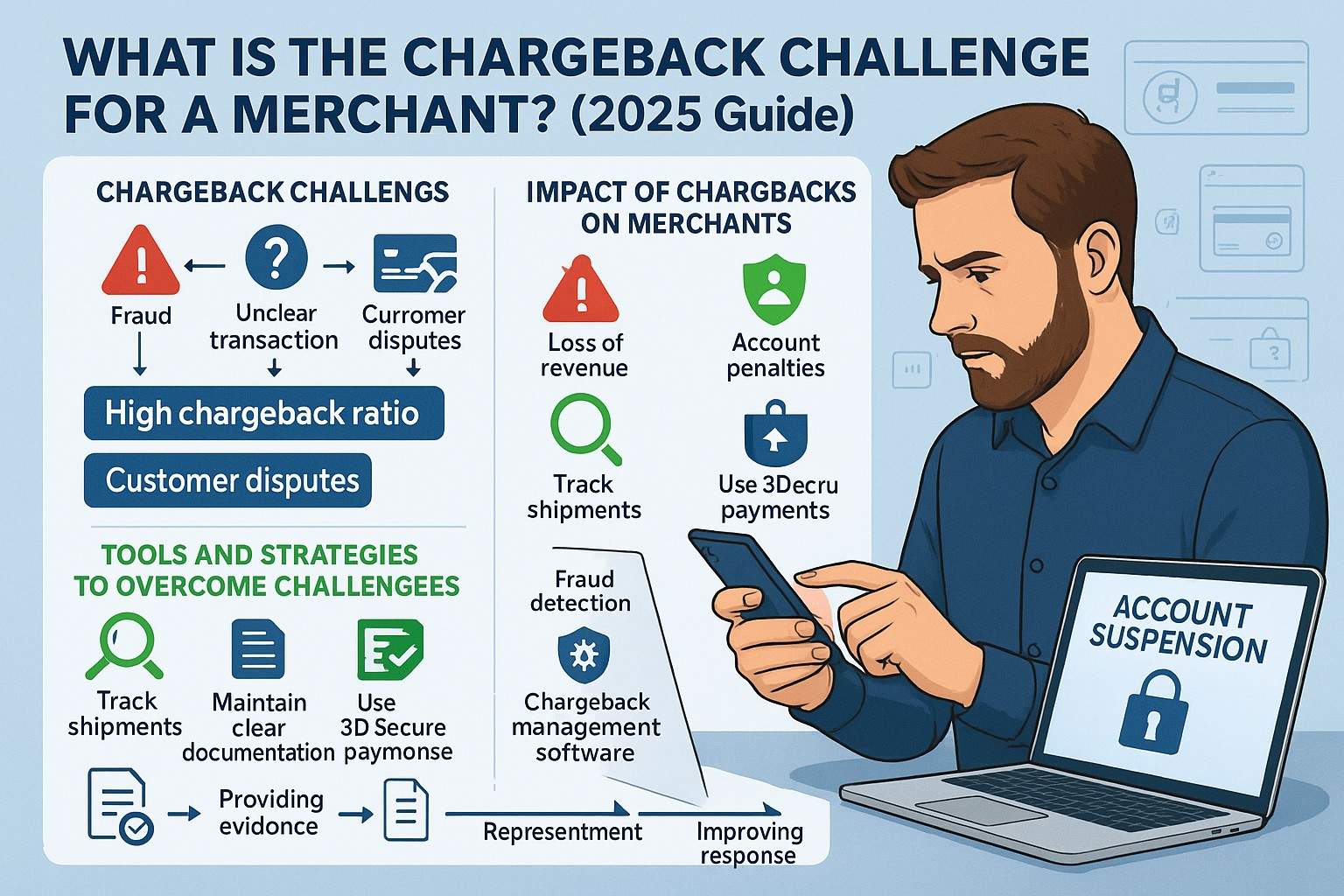 Frustrated merchant reviewing chargeback notice on laptop.